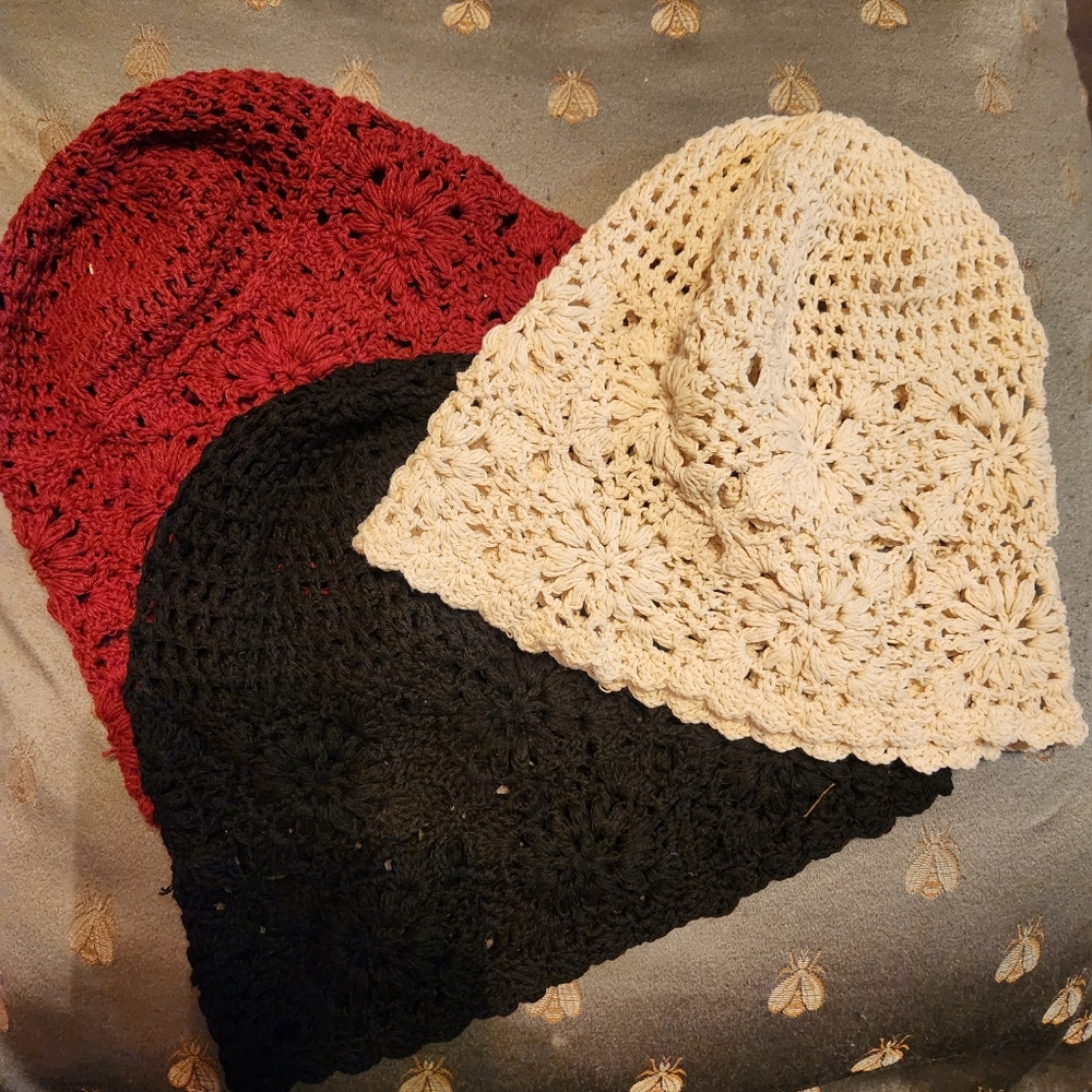 Crochet Beanie Set - Red, Black, Cream